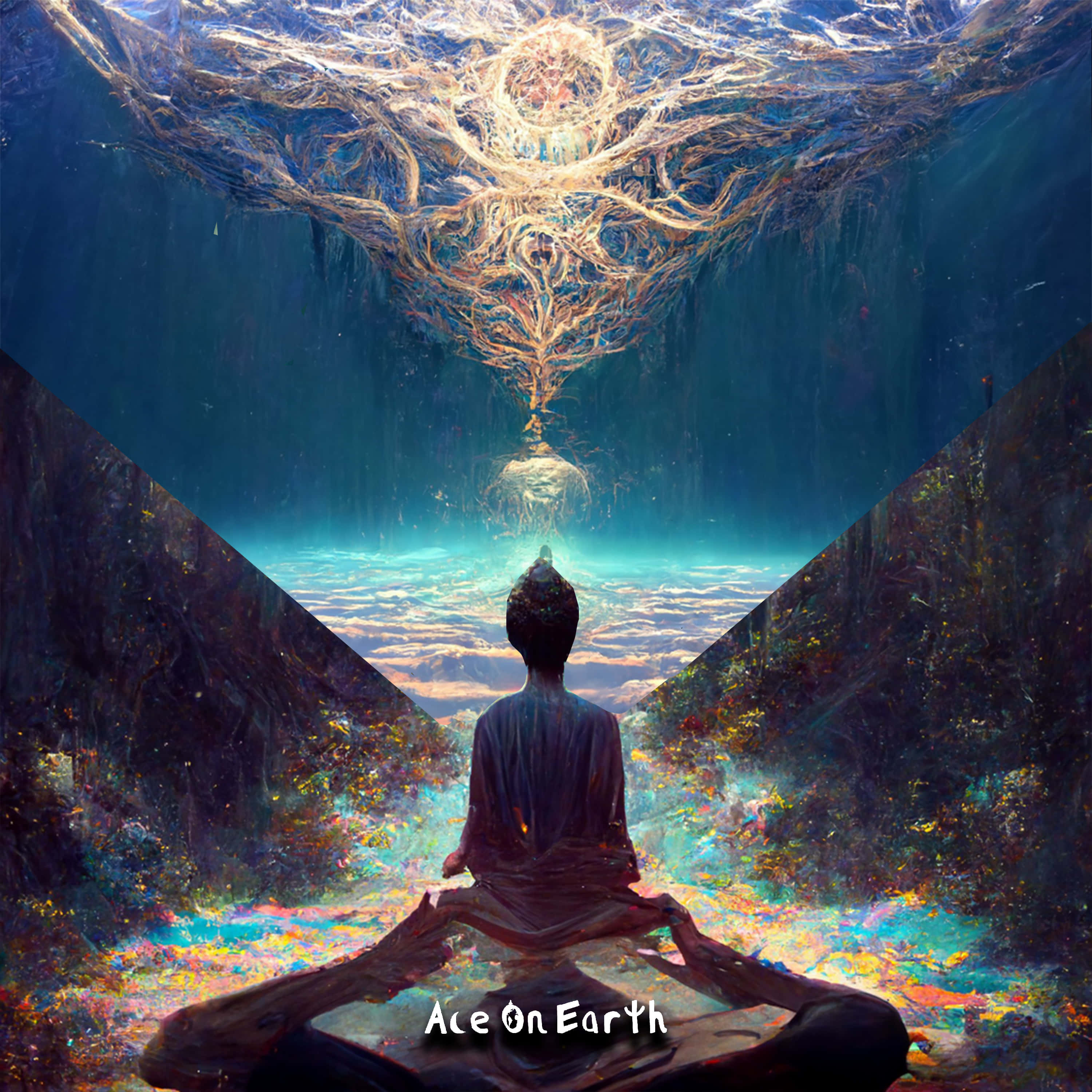 Spiritual Awakening 桌布 壁紙 — 一個冥想的人坐在神秘的水下洞穴中，仰望上方發光的吊燈狀結構。