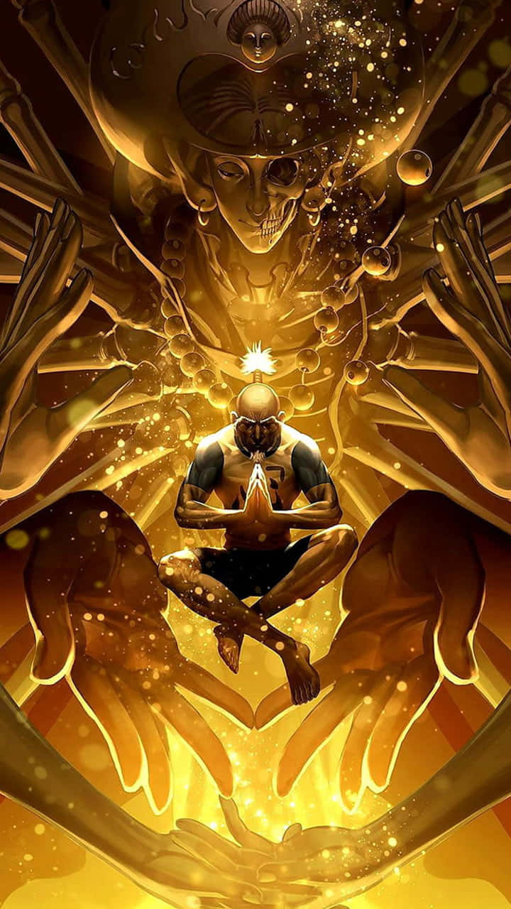 Isaac Netero 桌布 壁紙 — 一個冥想的人物坐在金色光芒中，被巨手和上方 looming 的骷髏神擁抱。