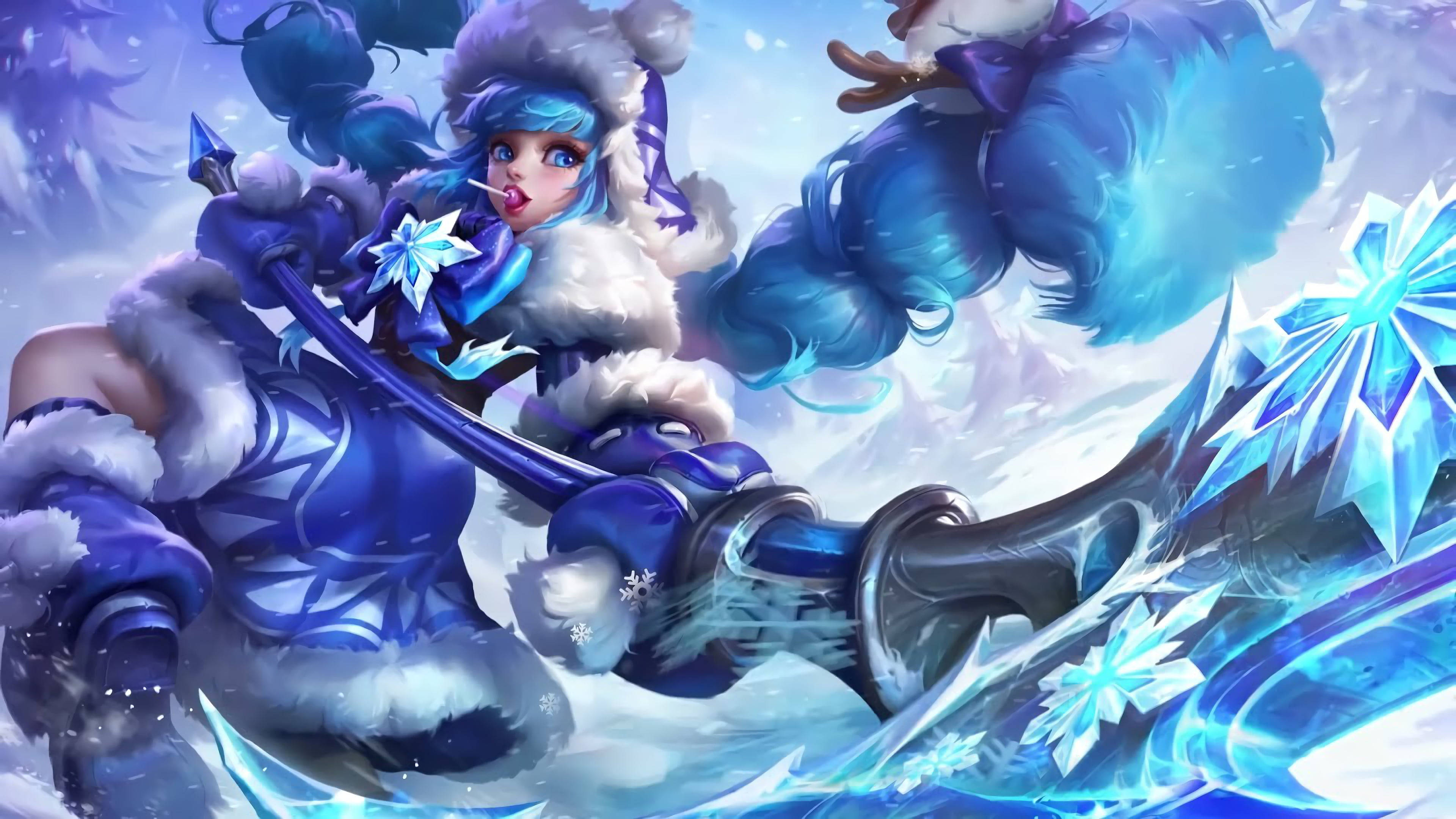heroes 桌布 壁紙 — 一個冰冷的動漫女孩，藍色頭髮，穿著毛邊盔甲，在旋轉的雪花和發光的水晶中揮舞著一把巨大的冰劍。