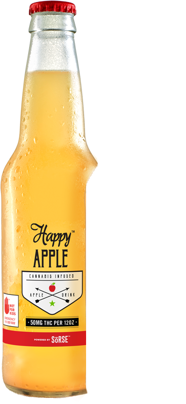 飲料 桌布 壁紙 — 一個冰凍琥珀色玻璃瓶裝的Happy Apple大麻飲品，在純黑背景上帶有冷凝水珠。