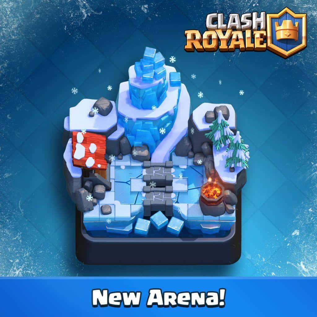 Clash Royale 桌布 壁紙 — 一個冰凍的Clash Royale競技場，帶有冰結構、雪花和發光的熔岩坑，背景為藍色紋理。