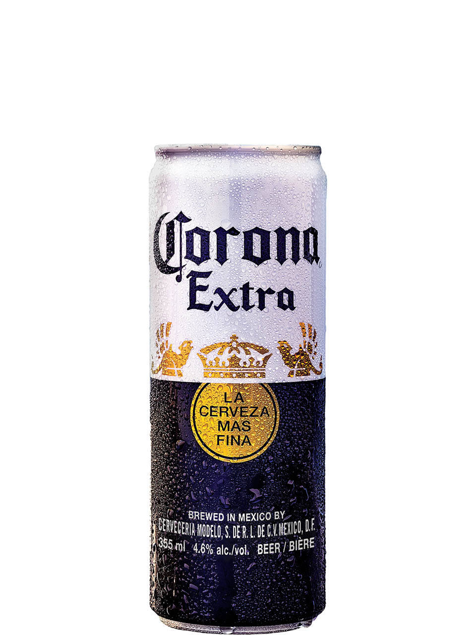 corona 桌布 壁紙 — 一個冰凍的Corona Extra啤酒罐，表面佈滿冷凝水珠，背景為純白色。