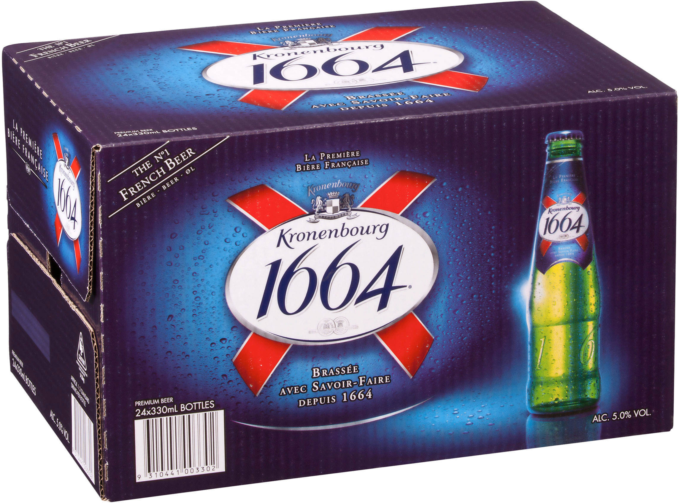 Beer 桌布 壁紙 — 一個冰凍的Kronenbourg 1664啤酒盒，在藍色燈光下帶有發光的冷凝水滴。