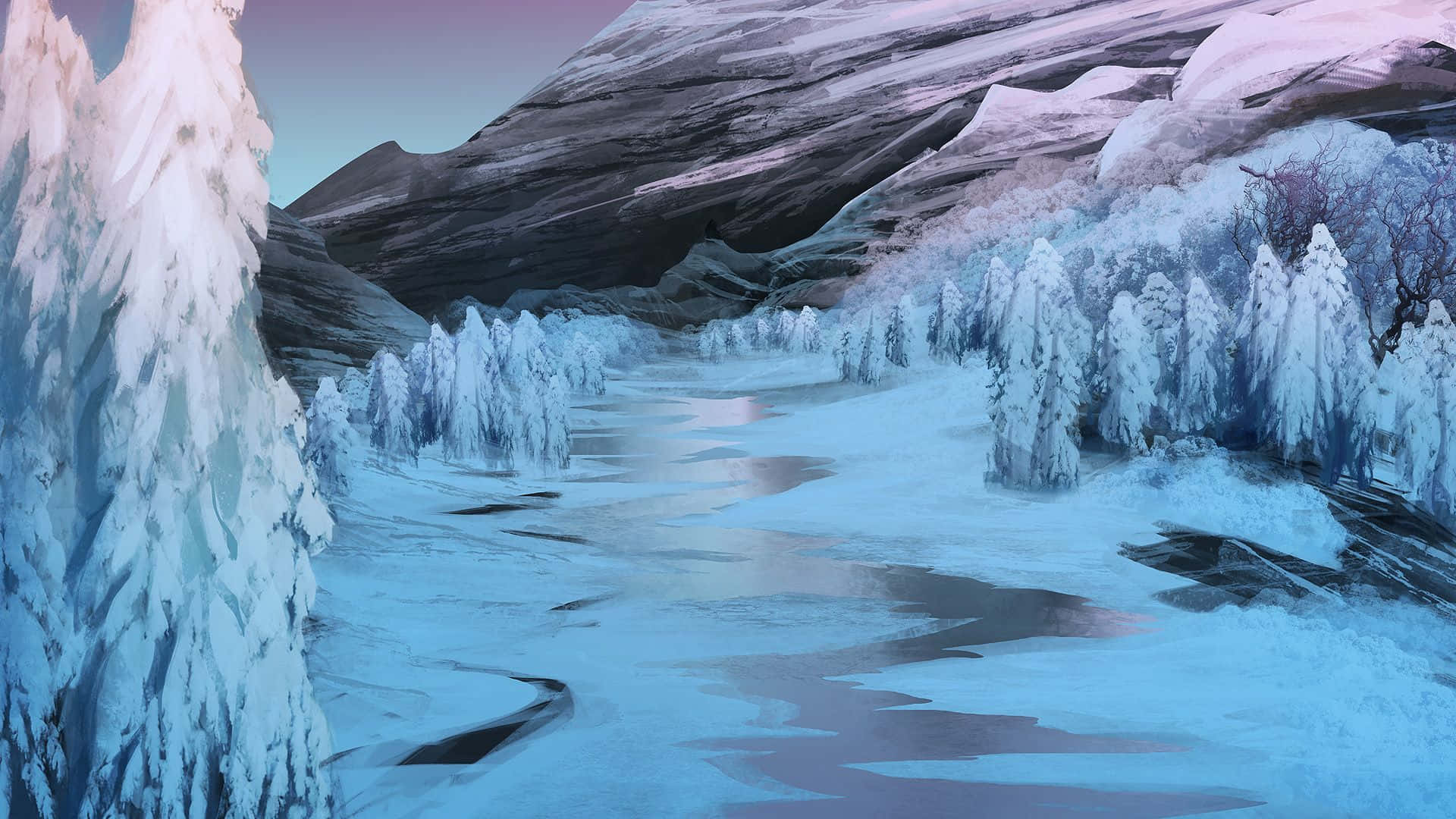 Winter Painting 桌布 壁紙 — 一個冰凍的山谷，有結冰的樹木和積雪覆蓋的山脈，在柔和的粉紅色和藍色暮色天空下。