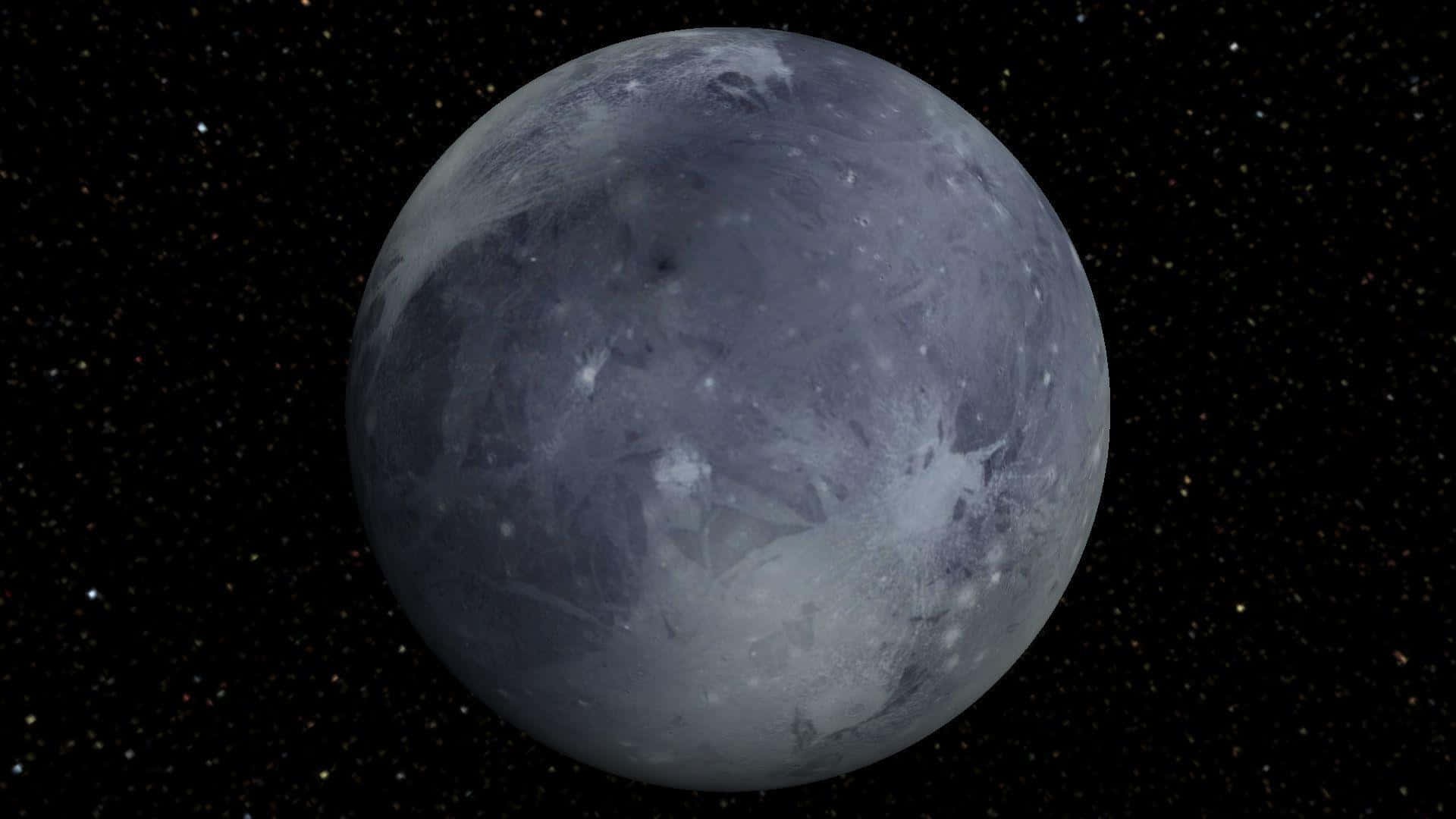 pluto 桌布 壁紙 — 一個冰藍色月球的詳細視圖，上面有隕石坑和明亮的條紋，背景是星空。