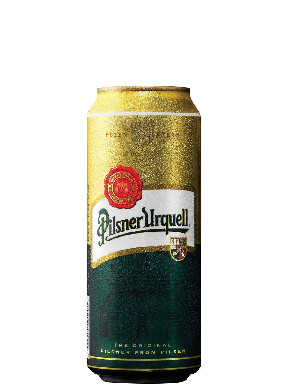 Beer 桌布 壁紙 — 一個冰鎮的Pilsner Urquell啤酒罐，帶有金色和綠色設計及紅色封條，背景為白色。