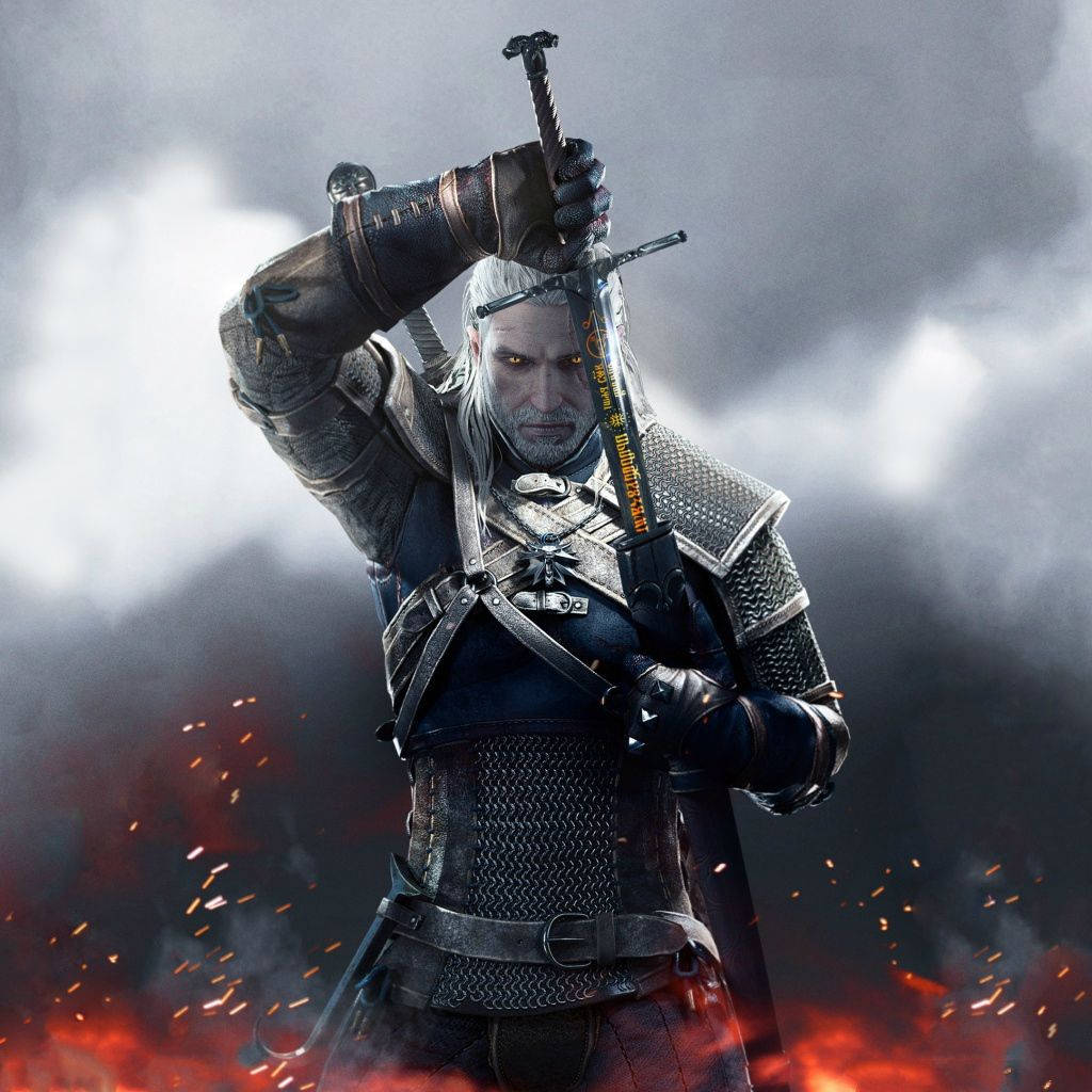 Witcher 3 桌布 壁紙 — 一個冷酷的戰士，白髮閃爍的眼睛，在煙霧瀰漫的戰場上高舉寶劍，火花四濺。