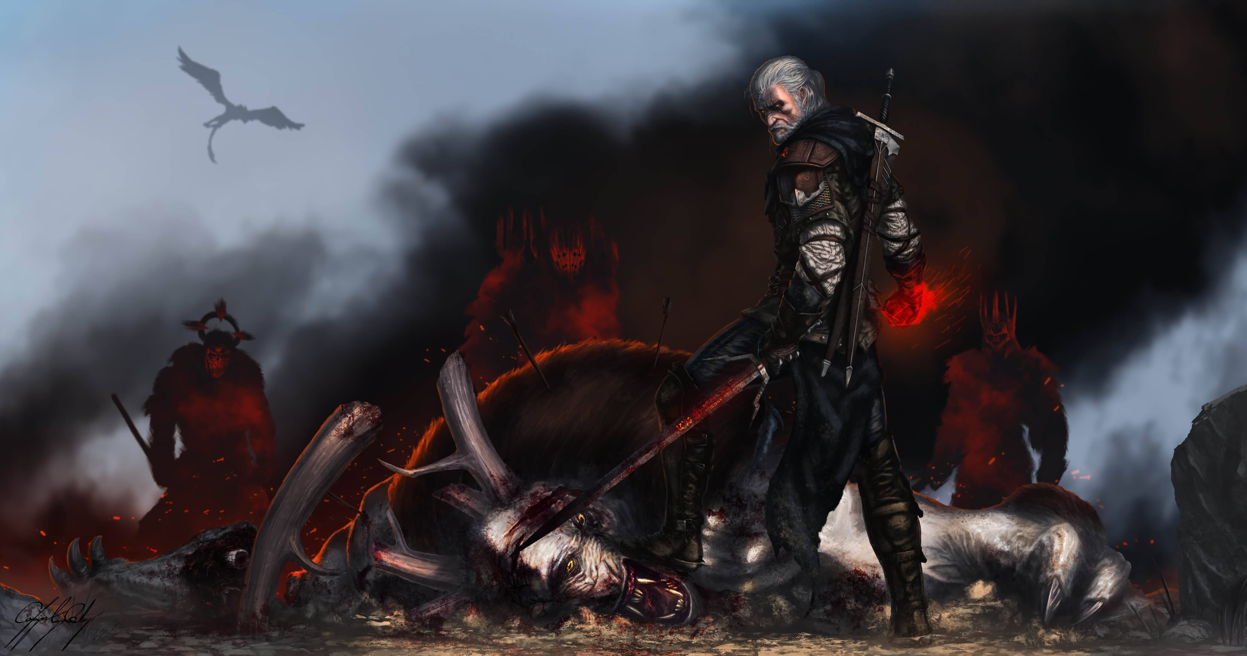witcher 4K 桌布 壁紙 — 一個冷酷的戰士，雙眼發出紅光，站在煙霧瀰漫的戰場上，腳下是倒下的敵人，周圍有火焰惡魔和一隻飛鳥在頭頂。