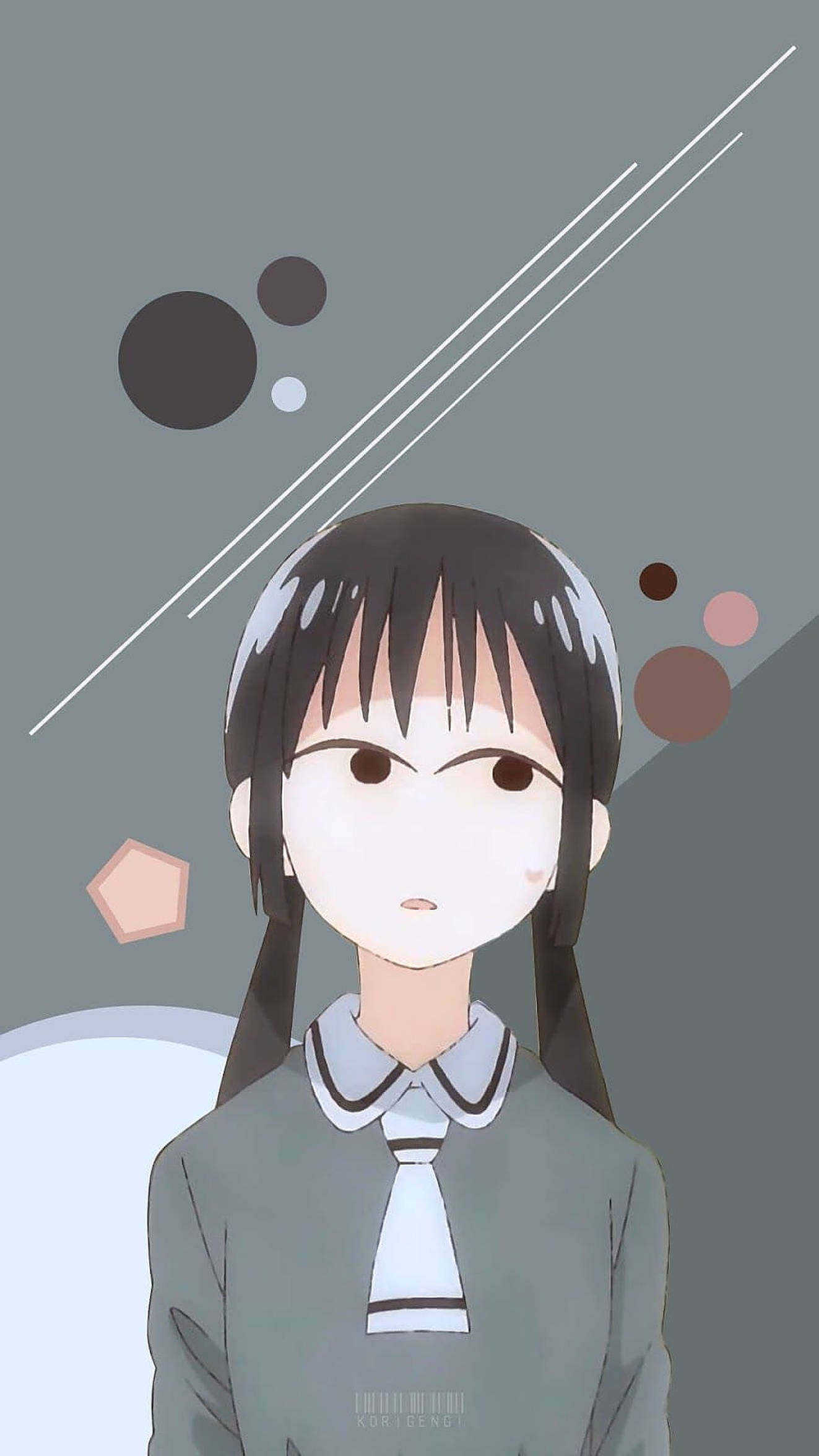 asobi asobase 桌布 壁紙 — 一個冷靜的動漫女孩，黑色雙馬尾和灰色校服，站在極簡灰色背景前，背景有漂浮的幾何形狀。