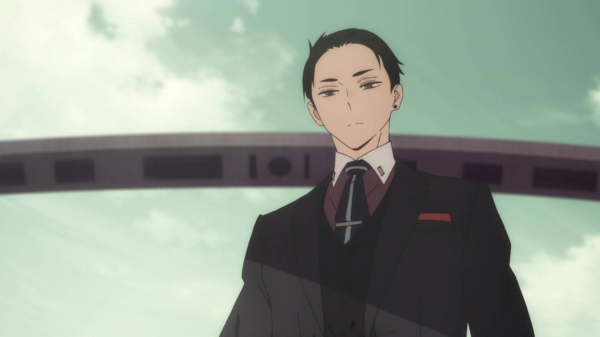 daisuke kambe 桌布 壁紙 — 一個冷靜的動漫男子穿著尖銳的黑色西裝，配紅色口袋方巾，站在彎曲結構下，背景是柔和的綠色天空。