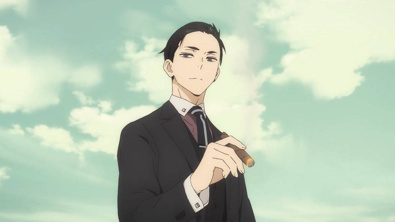 daisuke kambe 桌布 壁紙 — 一個冷靜的動漫男子穿著西裝，在柔軟多雲的天空背景下拿著雪茄。