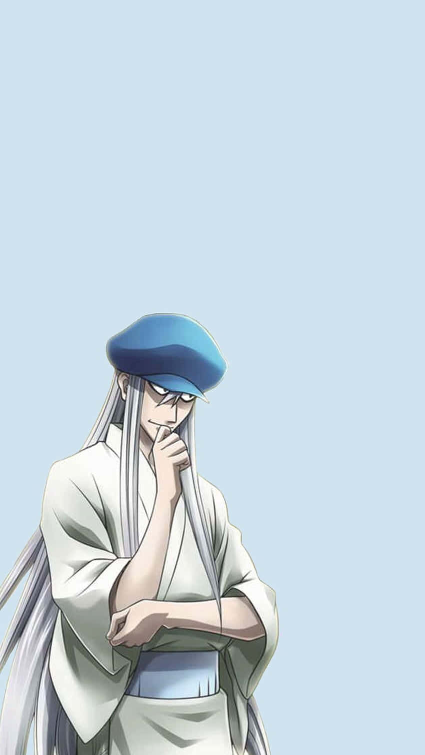 Hunter X Hunter Kite 桌布 壁紙 — 一個冷靜的動漫角色，長著銀色長髮，戴著藍色貝雷帽，站在柔和的藍色背景前，手靠近嘴唇，擺出沉思的姿勢。