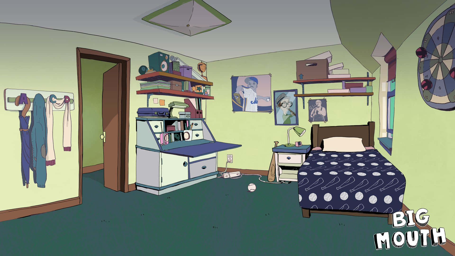Rick And Morty Zoom 桌布 壁紙 — 一個凌亂的動畫青少年臥室，配有棒球主題床、架子和海報，牆壁為淺綠色。