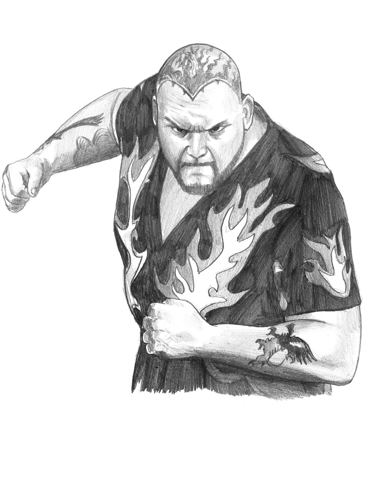WWE 桌布 壁紙 — 一個凶猛、肌肉發達、帶有刺青和火焰圖案襯衫的男人，在詳細的鉛筆素描中擺出強有力的姿勢。