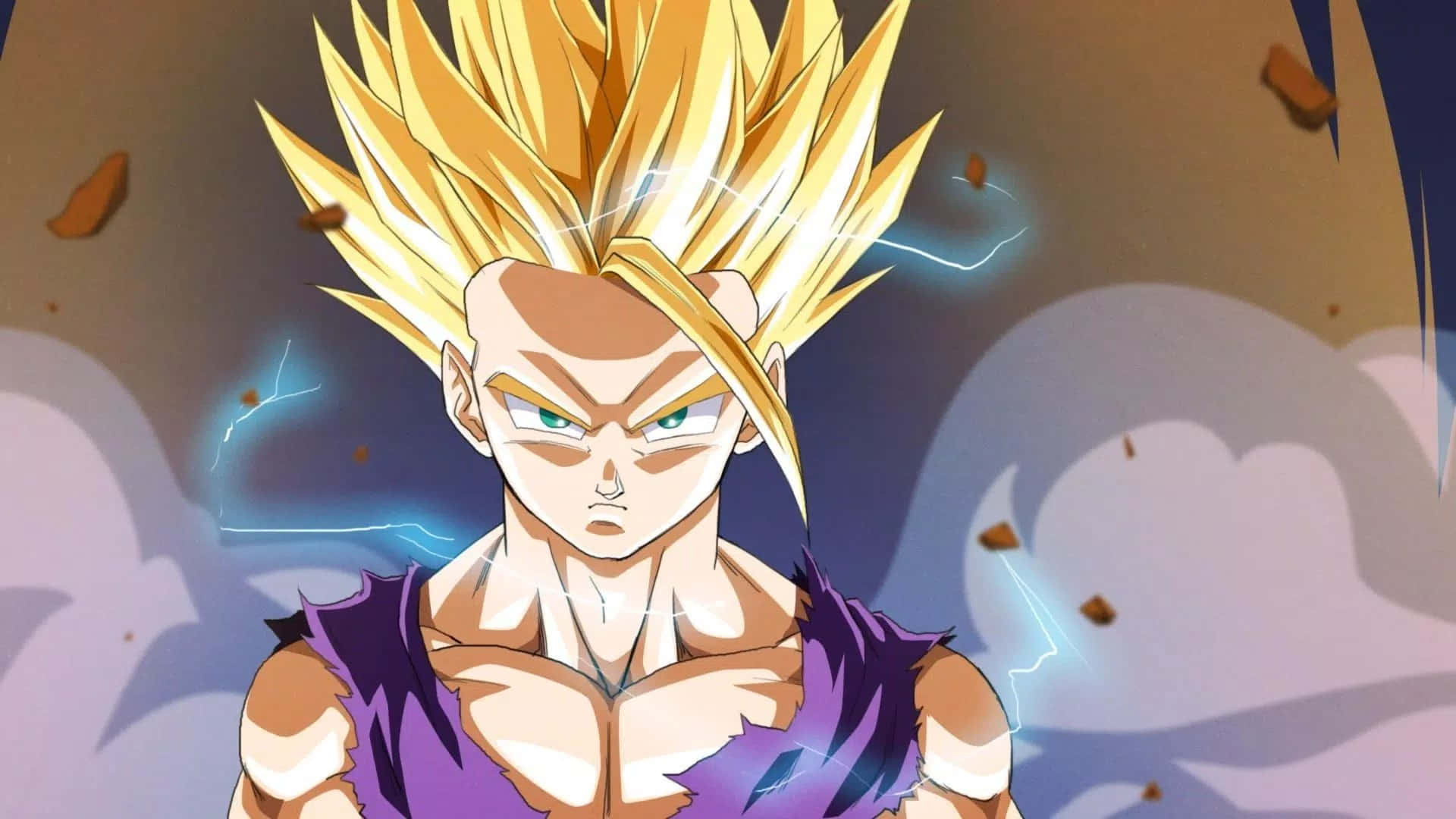 Teen Gohan 桌布 壁紙 — 一個凶猛的金髮動漫戰士，眼睛發光，閃電在他肌肉發達的身體周圍噼啪作響，擺出動態的戰鬥姿勢。