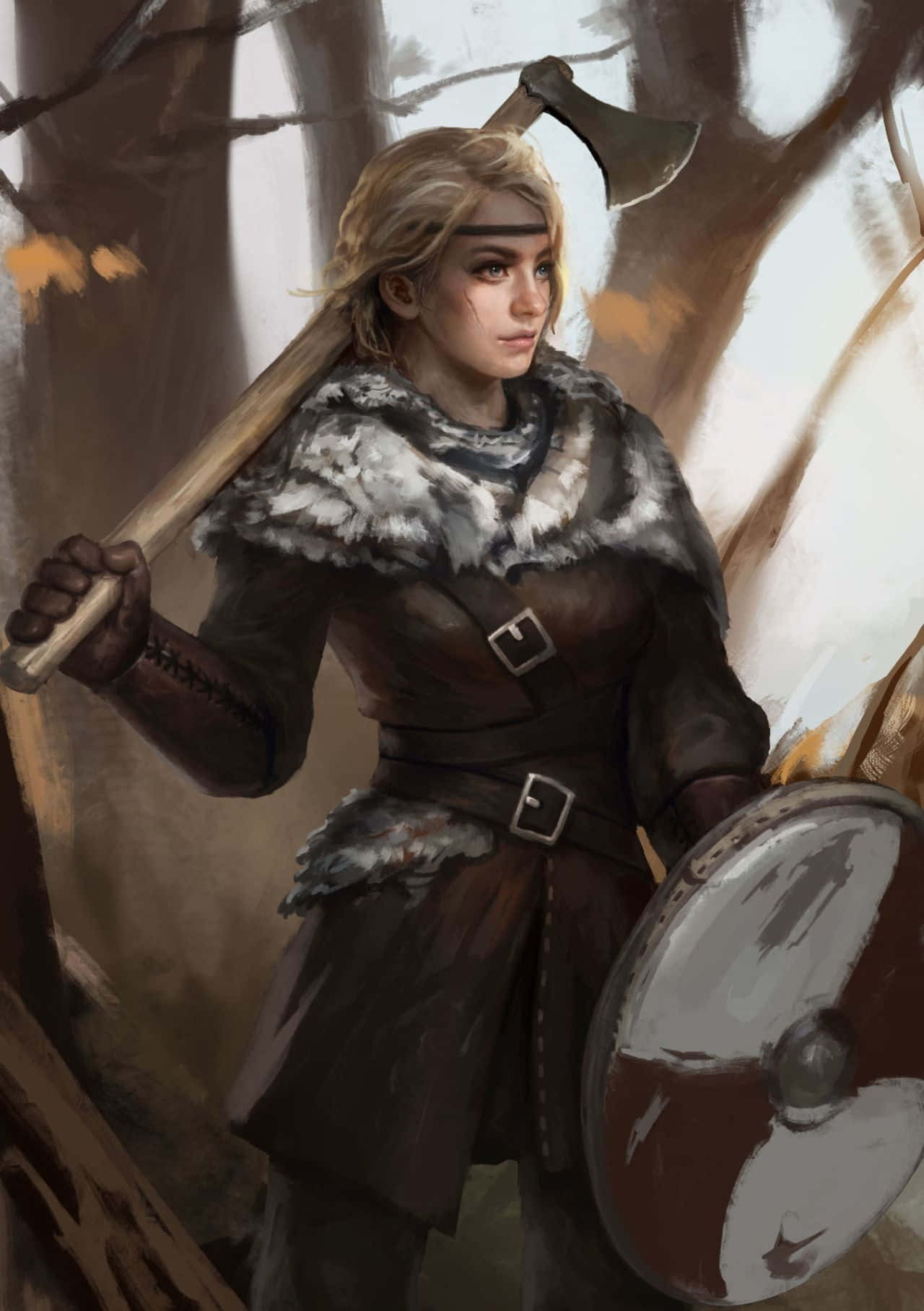 Female Viking Warriors 桌布 壁紙 — 一個凶猛的金髮戰士站在雪地森林中，手持斧頭和盾牌，身穿毛皮鑲邊盔甲。