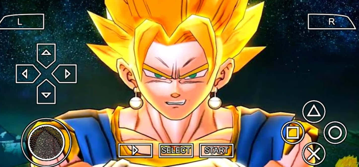 Dragon Ball Z Games 桌布 壁紙 — 一個凶猛的金髮賽亞人戰士，眼睛發光，戴著耳環，在點綴著遊戲控制器按鈕的星空夜空下強烈地凝視。