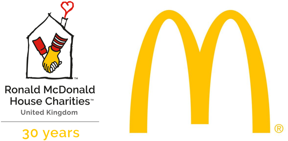 麥當勞 桌布 壁紙 — 一個分割圖像，顯示Ronald McDonald House Charities UK標誌，旁邊有握手和心形圖案，以及麥當勞標誌性的金色拱門。