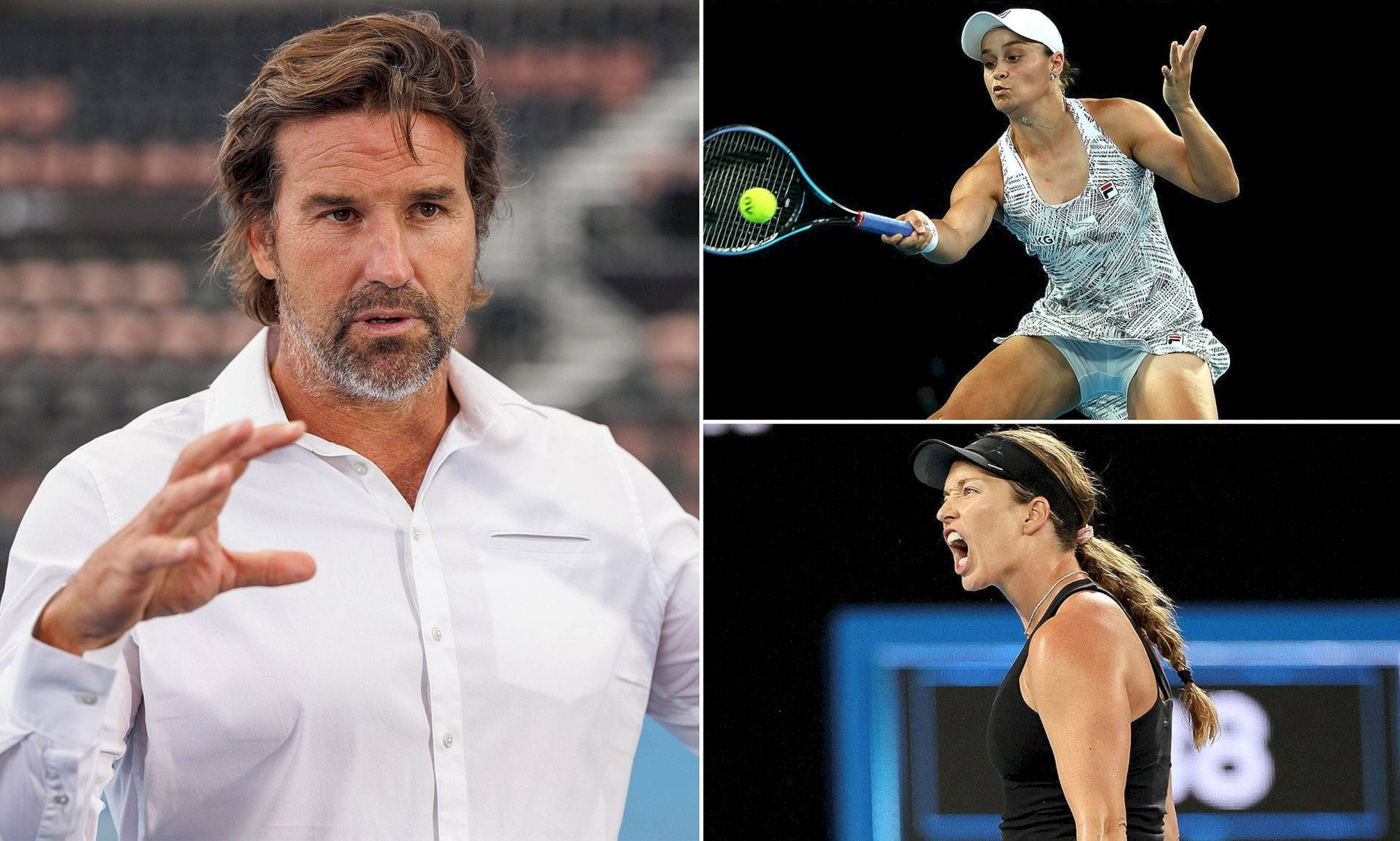Tennis 桌布 壁紙 — 一個分割圖像，顯示一個男人在比手勢，兩個女網球運動員在黑暗的球場上比賽。