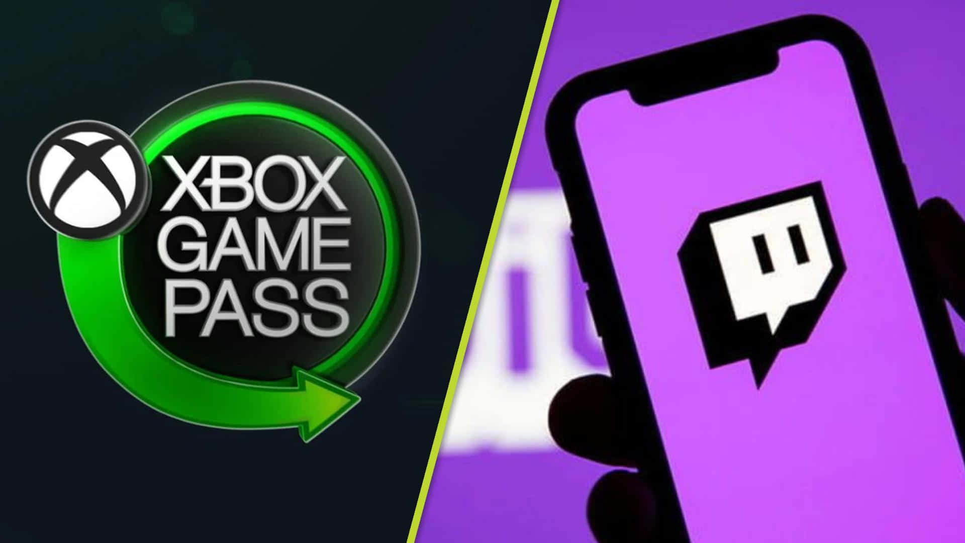 Twitch 1080 桌布 壁紙 — 一個分割畫面，顯示深色背景上的 Xbox Game Pass 標誌，以及一隻手拿著手機，手機螢幕為紫色並顯示 Twitch 標誌。