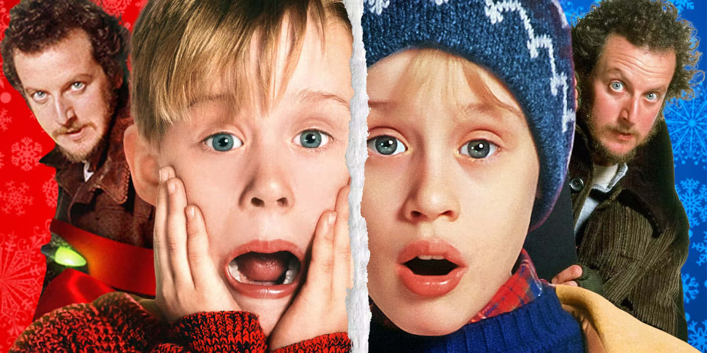 Home Alone 桌布 壁紙 — 一個分割畫面圖像，顯示一個震驚的小男孩，兩邊各有一個穿著節日冬季服裝的男人。