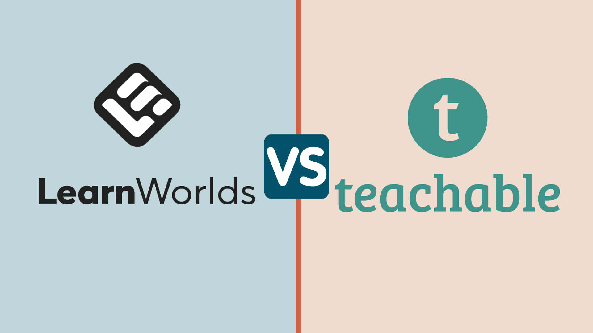 網站 桌布 壁紙 — 一個分割畫面圖形，比較 LearnWorlds 和 Teachable，帶有它們的標誌和中央的「VS」，背景為柔和色調。