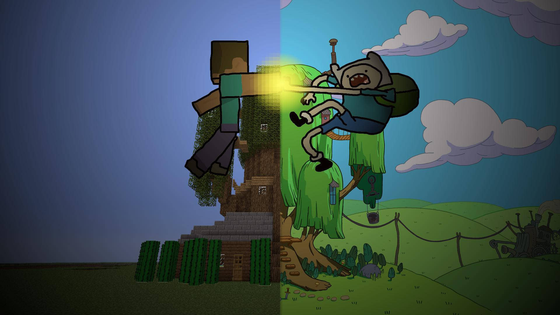 Herobrine 桌布 壁紙 — 一個分割畫面場景顯示一個Minecraft風格的巨人和一個卡通英雄在草地上藤蔓上盪來盪去，天空多雲。