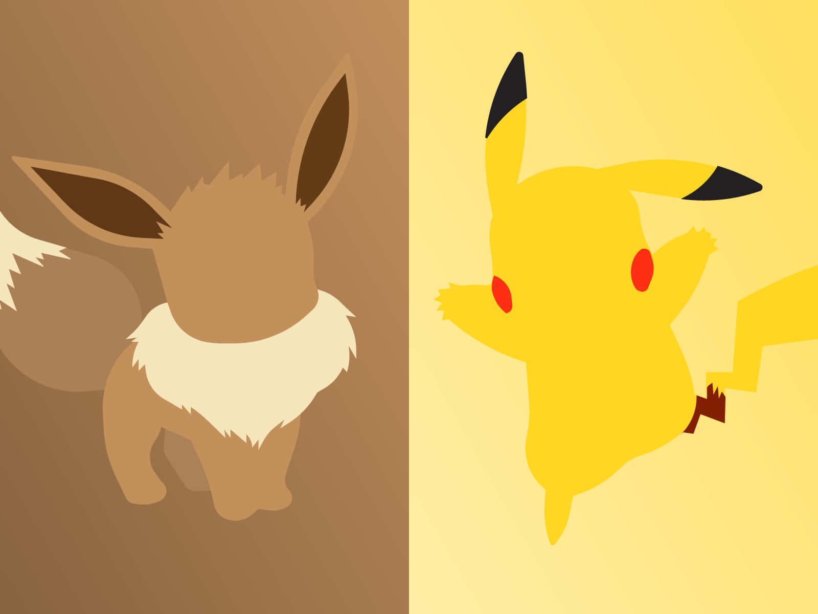 Cute Pikachu And Eevee 桌布 壁紙 — 一個分割畫面插圖，左邊是棕色調的伊布，右邊是亮黃色的皮卡丘。