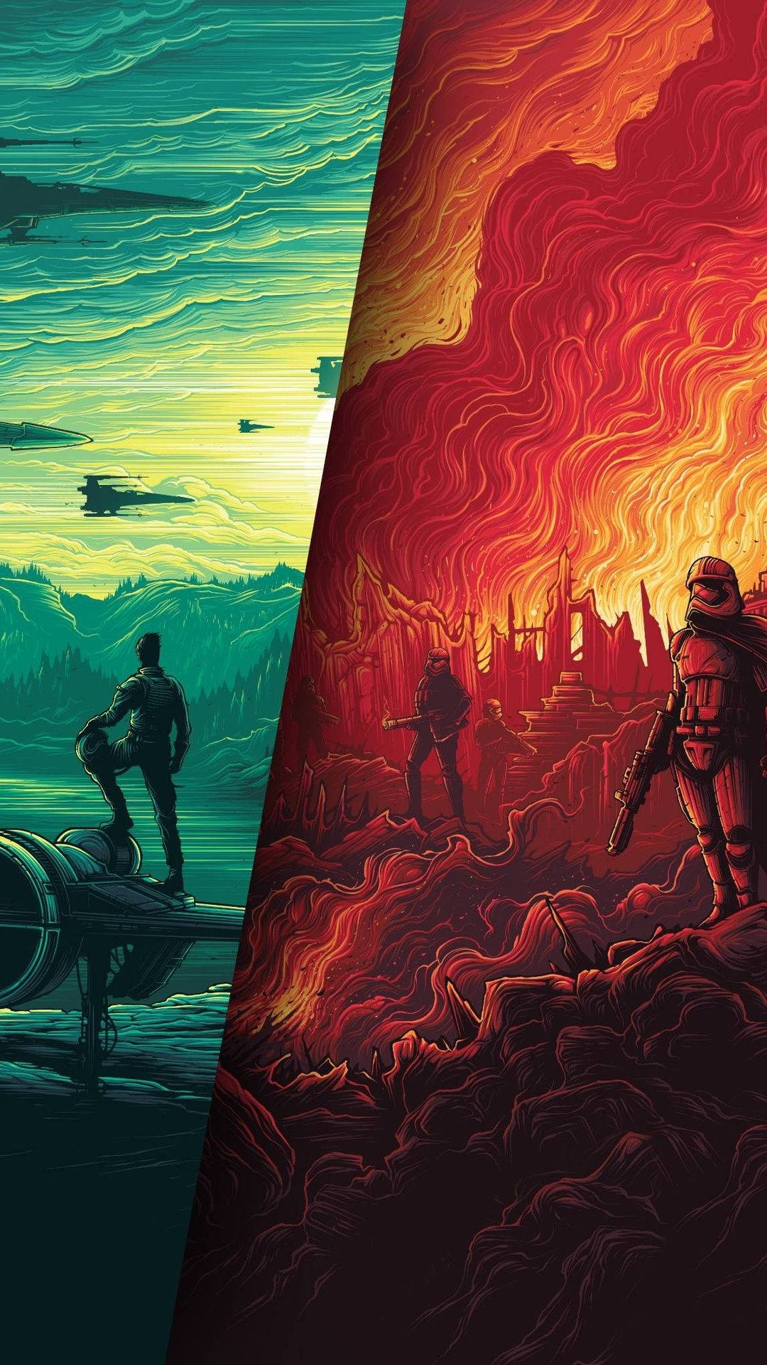 star wars 4K iPhone 桌布 壁紙 — 一個分割畫面插圖展示了一個寧靜的綠色外星世界，有星際戰鬥機和一個孤獨的人物在飛船上，與一個熾熱的紅色火山行星形成對比，那裏有風暴兵站在廢墟中。