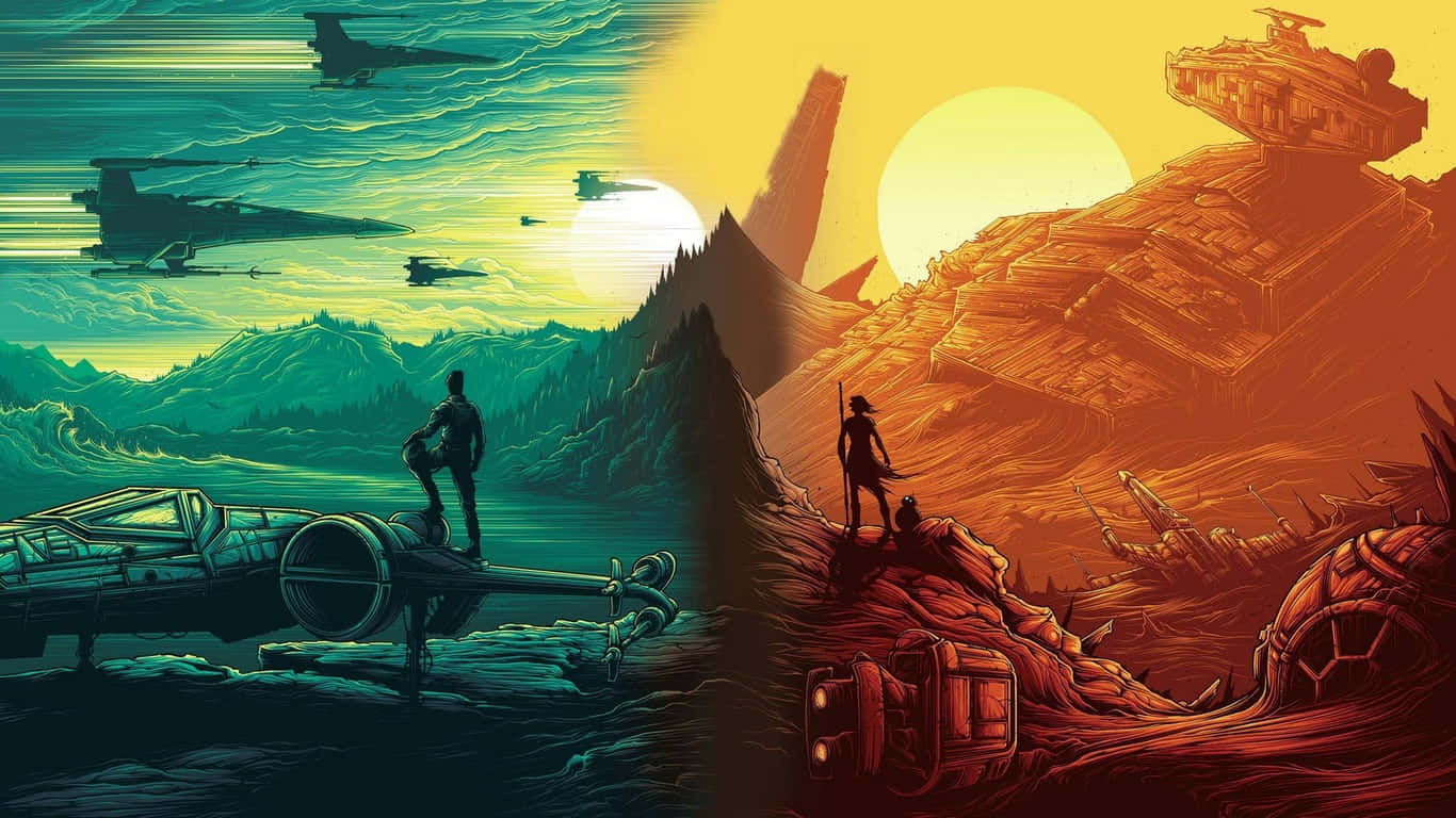 Rey Star Wars 桌布 壁紙 — 一個分割畫面插圖顯示，在青綠色的外星景觀中，一艘星艦上有一個孤獨的身影，面對著另一個在鏽色行星上、巨大太陽下、廢棄車輛旁的身影。