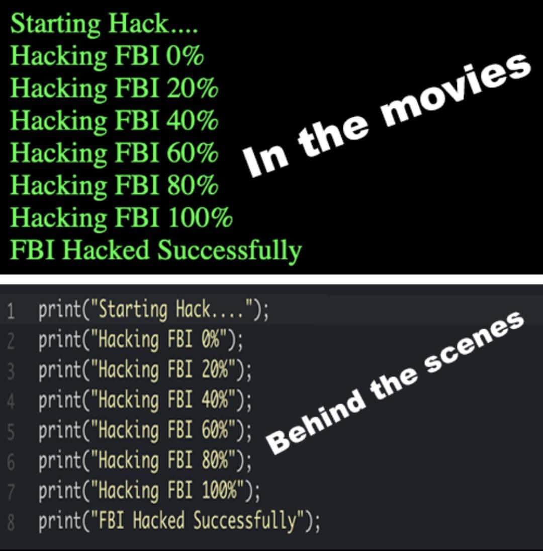 Technology Humor Memes 桌布 壁紙 — 一個分割畫面數位圖形，顯示綠色終端文字入侵FBI，下方有匹配代碼，並帶有「Behind the scenes」和「In the movies」文字疊加。