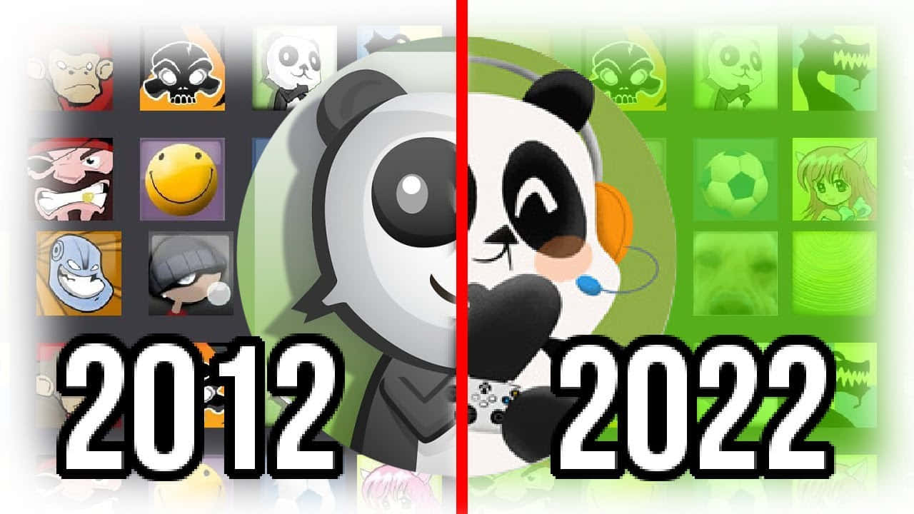 Xbox 360 Gamer 桌布 壁紙 — 一個分割畫面比較，卡通熊貓吉祥物手持遊戲控制器，左邊顯示2012年，右邊顯示2022年，背景有角色圖示。