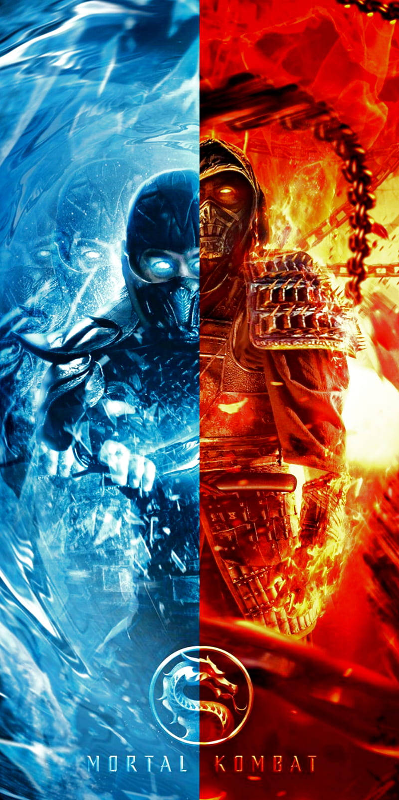 mortal kombat scorpion vs sub zero 桌布 壁紙 — 一個分割畫面的Mortal Kombat桌布顯示Sub-Zero在冰冷的藍色水中，而Scorpion則被熾熱的紅色火焰包圍。