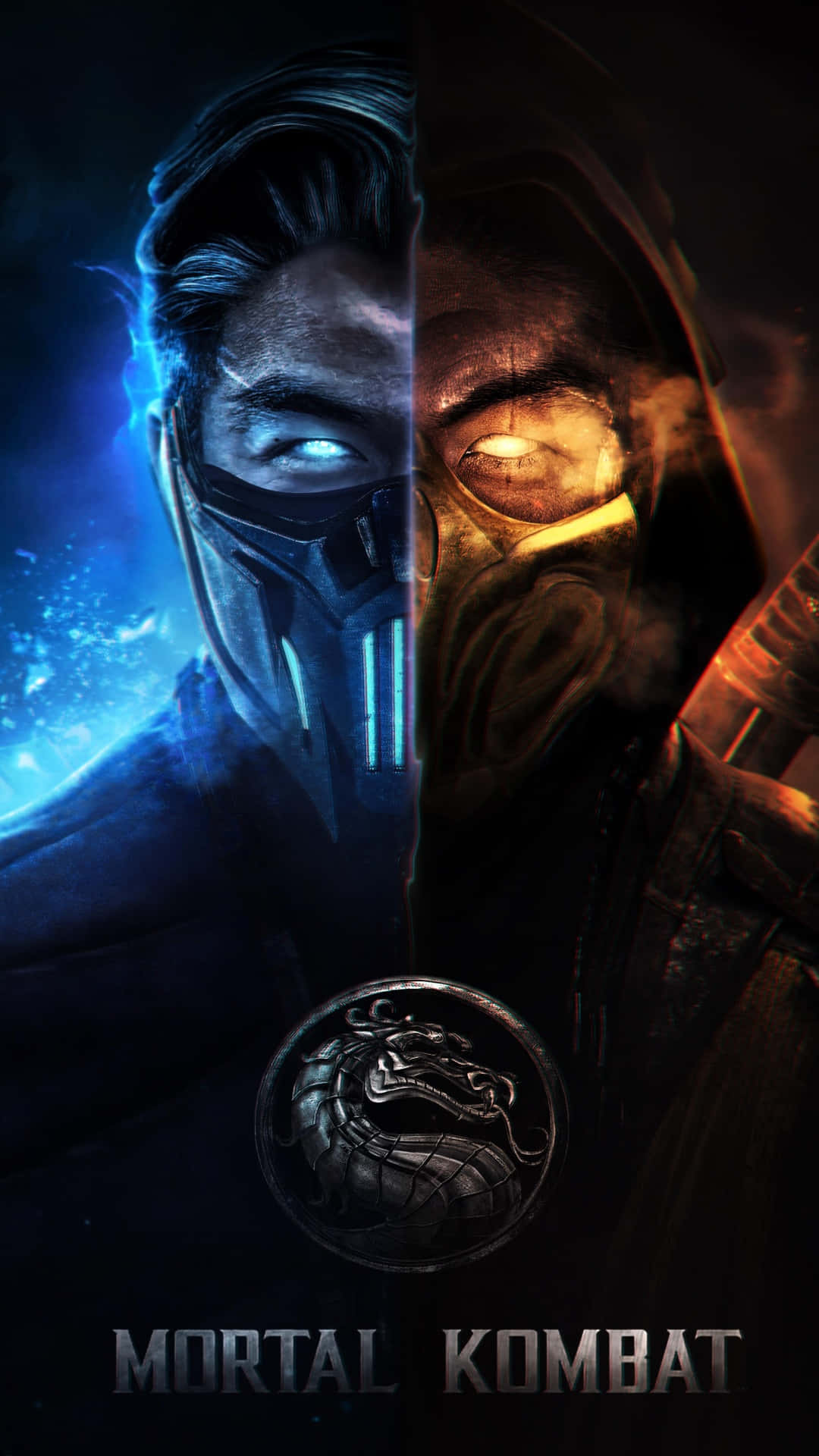 Mortal Kombat Sub-zero 桌布 壁紙 — 一個分割畫面的Mortal Kombat桌布顯示了冰藍色光芒中的Sub-Zero與火橙色光芒中的Scorpion對峙，兩者都戴著面具，表情激烈。