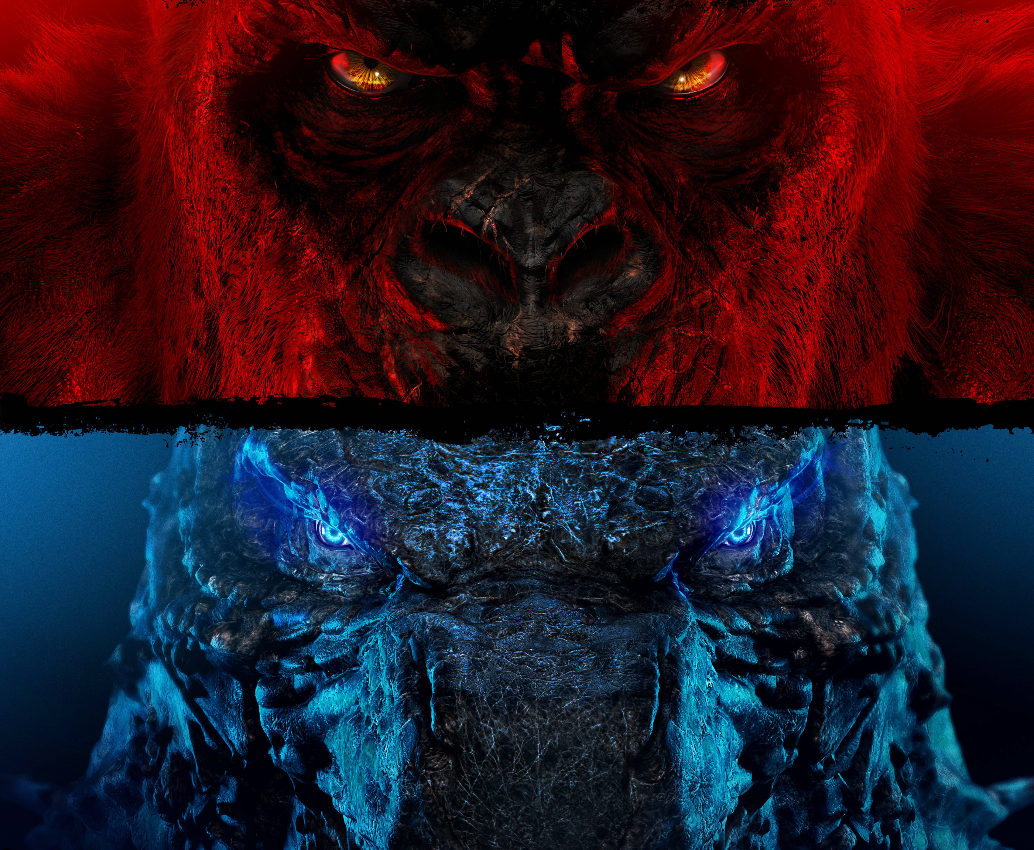 Godzilla Vs Kong 2021 桌布 壁紙 — 一個分割畫面的數位藝術圖像顯示一隻紅色毛髮的大猩猩，帶有發光的橙色眼睛，上方有一隻藍色鱗片的怪物，帶有發光的藍色眼睛。