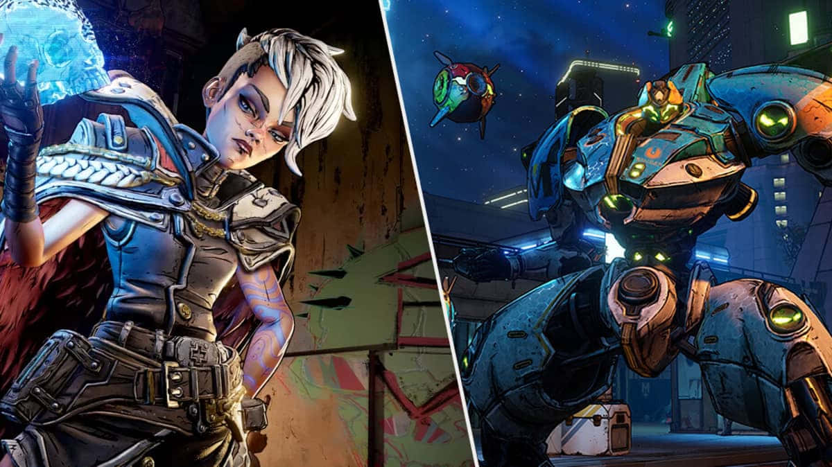 Borderlands Characters 桌布 壁紙 — 一個分割畫面遊戲場景，展示一個帶有發光藍色能量的賽博龐克戰士和一個高聳的機甲，背景是夜晚霓虹燈閃爍的城市。