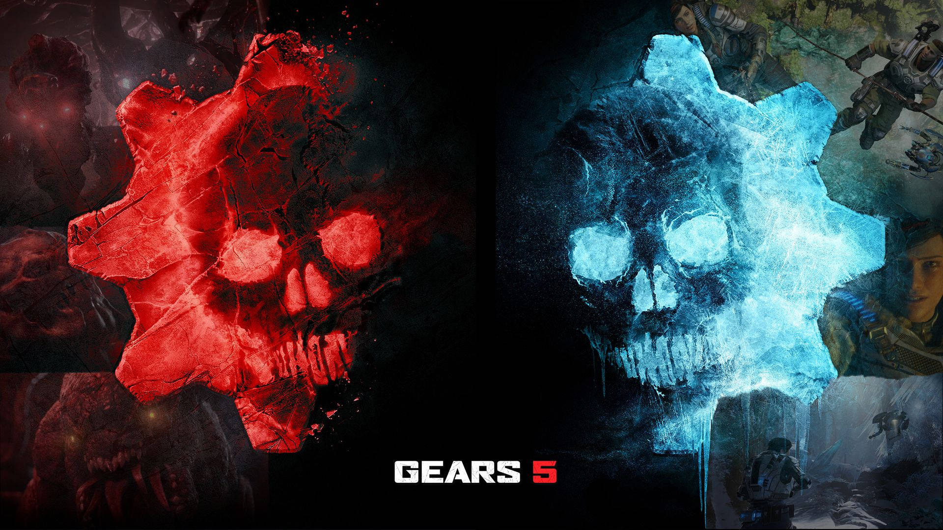 Gears 5 桌布 壁紙 — 一個分割畫面遊戲海報，包含紅色骷髏齒輪和藍色骷髏齒輪，以及戰爭環境中的士兵。