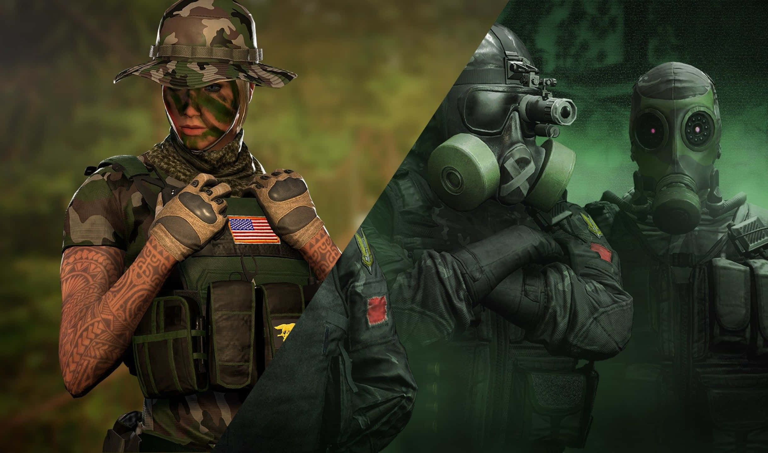 2440x1440 Rainbow Six Siege 桌布 壁紙 — 一個分割畫面顯示左邊有一位身穿迷彩服、有刺青和美國國旗臂章的士兵，右邊有兩位戴著防毒面具、身穿深色裝備的士兵。