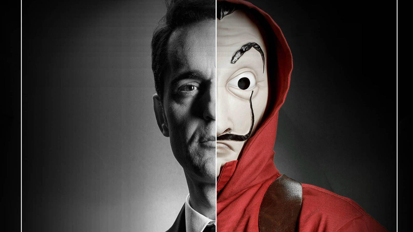 Money Heist Mask 桌布 壁紙 — 一個分割肖像，顯示一個穿西裝的男人旁邊有一個穿紅色連帽衫、戴白色面具（有鬍子和一隻大眼睛）的人物。