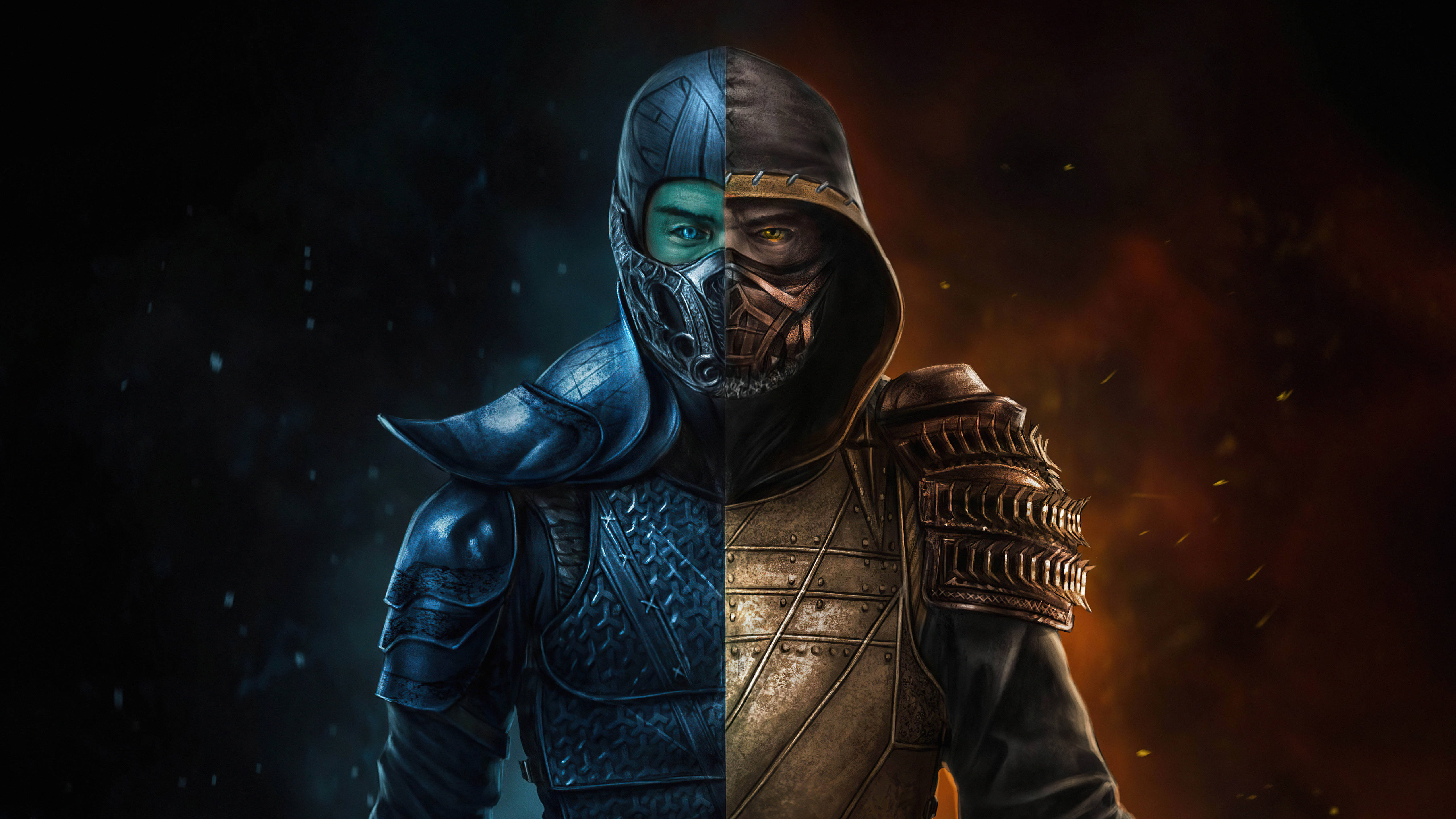 mortal kombat scorpion vs sub zero 桌布 壁紙 — 一個分割螢幕的戰士，一半是藍色裝甲，一半是熾熱的棕色連帽，在黑暗對比背景前。