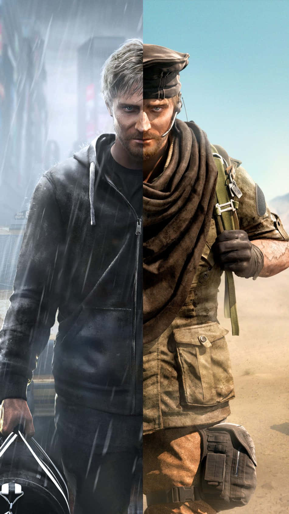 Rainbow Six Siege Operators 桌布 壁紙 — 一個分割螢幕的數位肖像，左半邊是雨中的城市男子，右半邊是沙漠士兵。