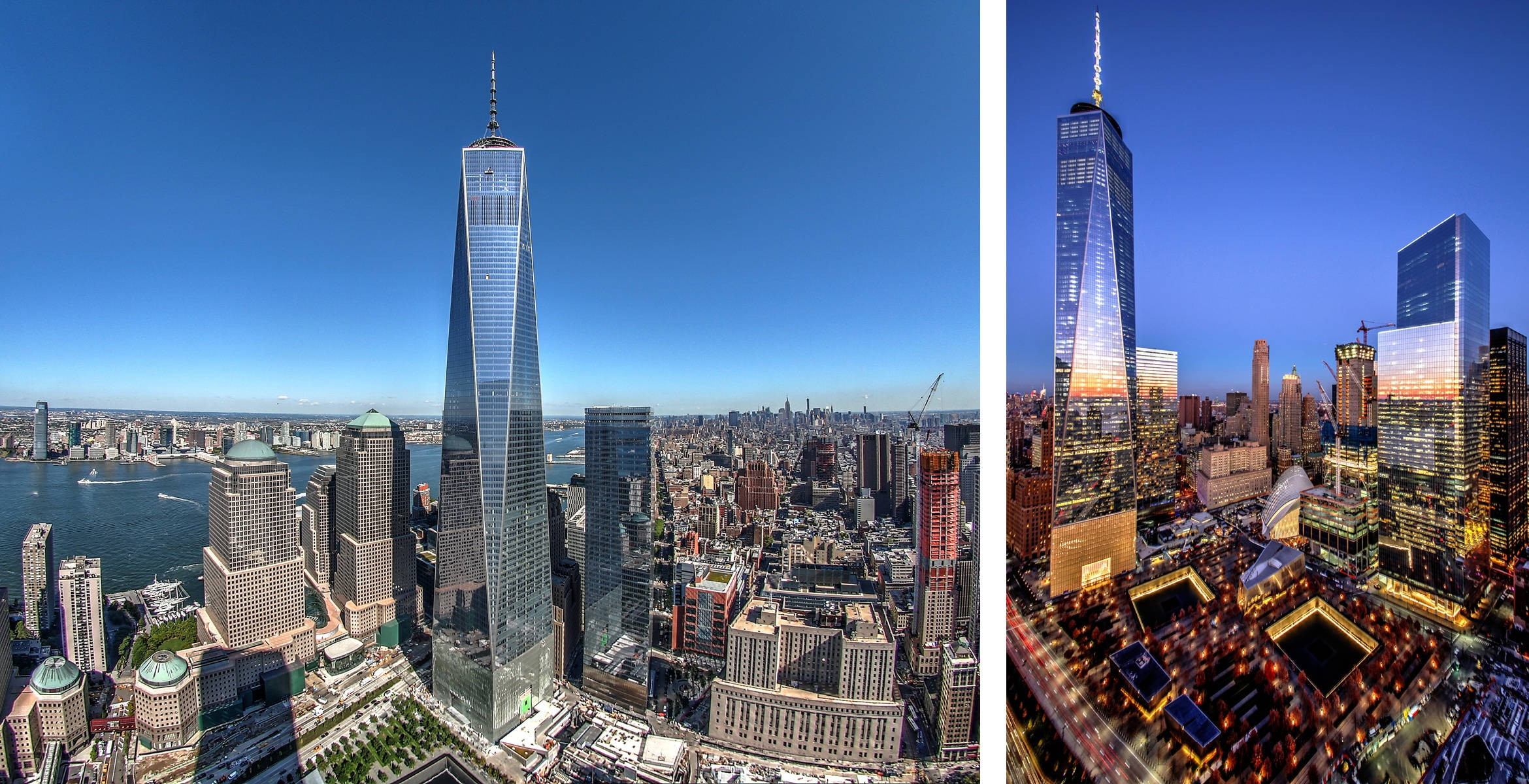 Building 桌布 壁紙 — 一個分割視圖，顯示世界貿易中心一號大樓在明亮的白天和充滿活力的夜晚，閃爍的城市燈光下，聳立在曼哈頓上空。