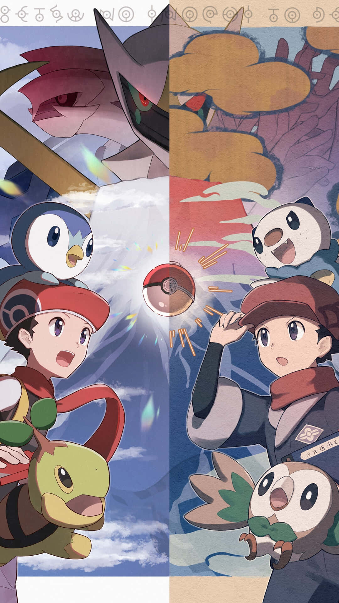 Pokemon Fan Art 桌布 壁紙 — 一個分割面板的動漫壁紙，展示一位年輕訓練家與他的寶可夢對抗一隻黑暗龍型寶可夢和一隻火鳥寶可夢。