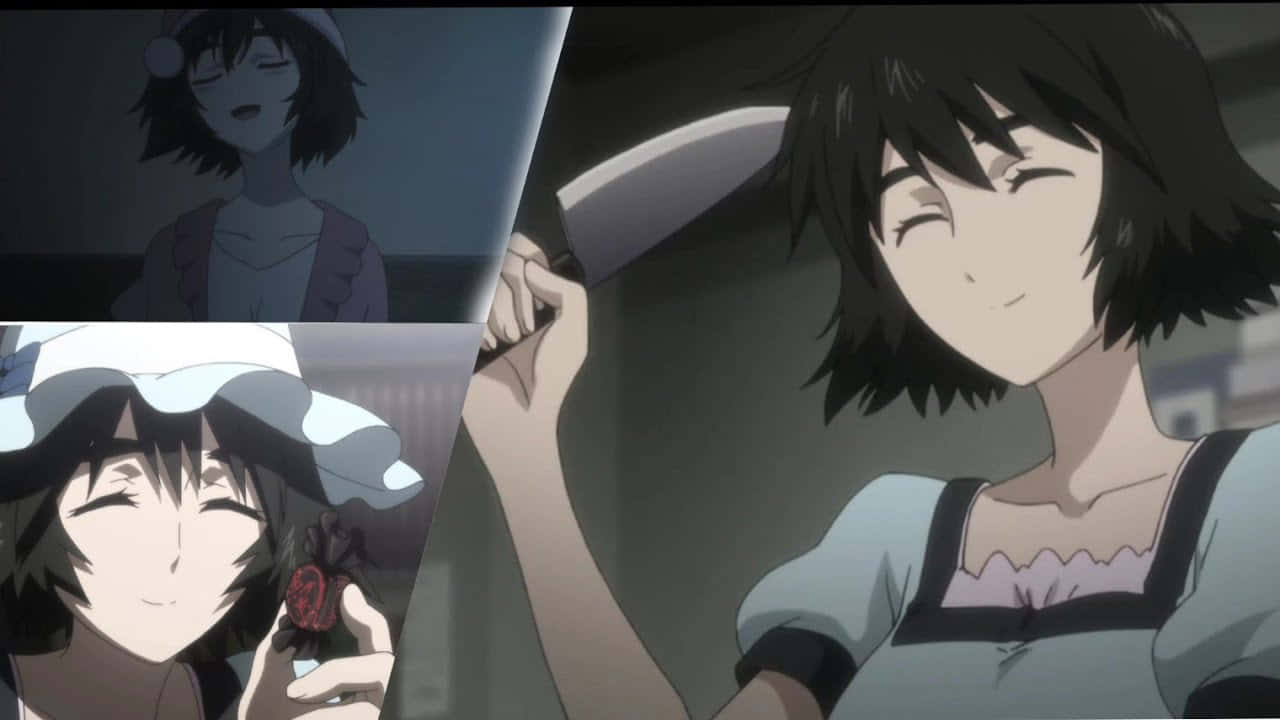 Mayuri Shiina 桌布 壁紙 — 一個分屏動漫場景，顯示一個短黑髮的女孩在不同環境中微笑，同時拿著一把刀和一朵花。