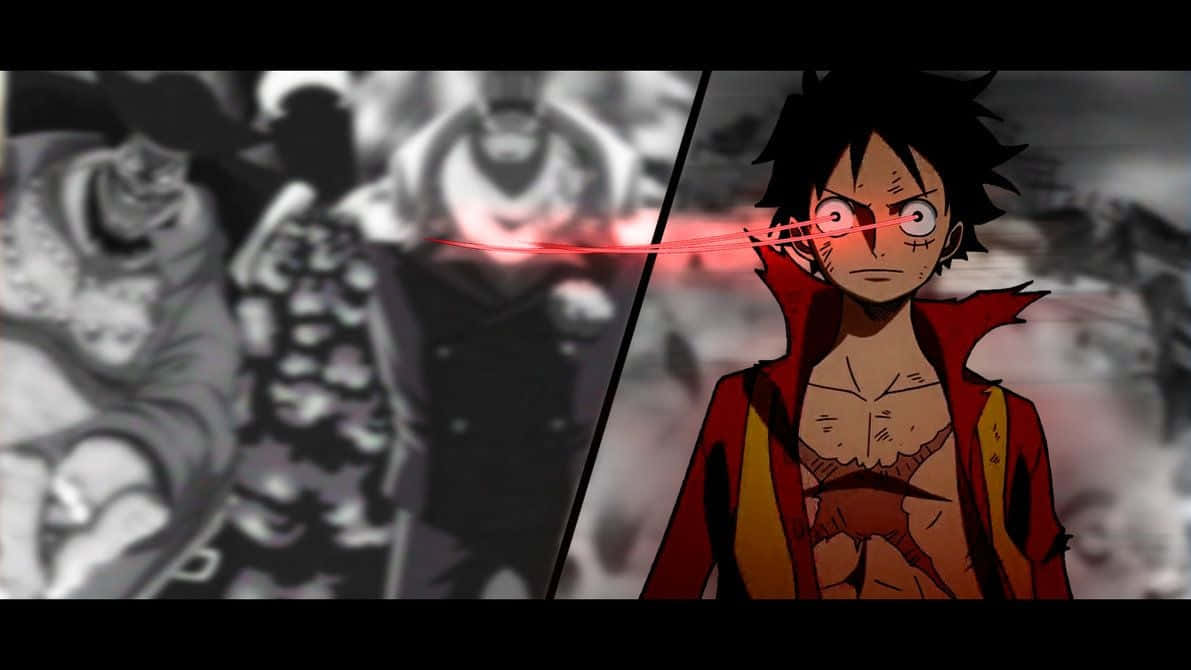 Luffy 桌布 壁紙 — 一個分屏動漫場景顯示一位堅定的年輕人，擁有紅色雷射眼睛，面對模糊的對手進行一場激烈的戰鬥。