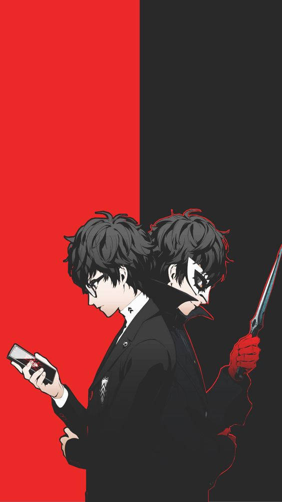 Persona 5 Phone 桌布 壁紙 — 一個分屏動漫角色在紅色一側拿著手機，在黑色一側拿著刀。