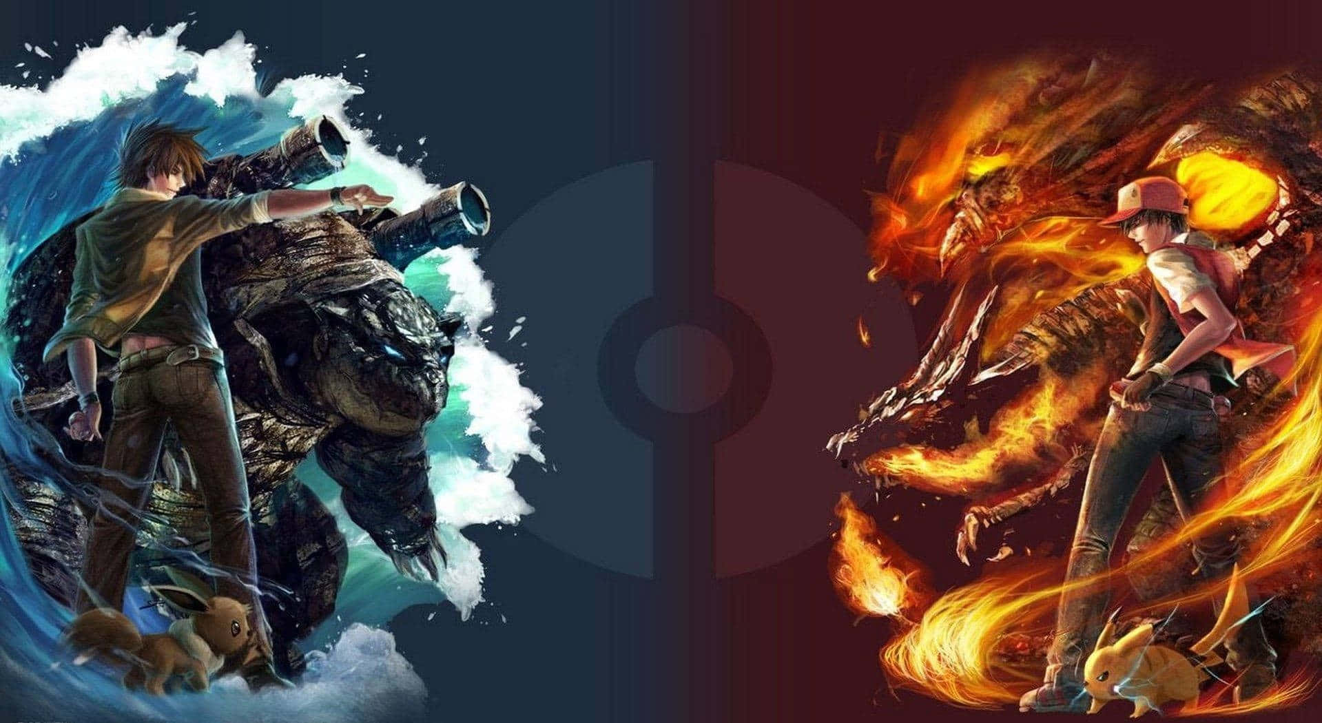 兩位動畫訓練師在分屏對決中用水和火屬性寶可夢戰鬥。