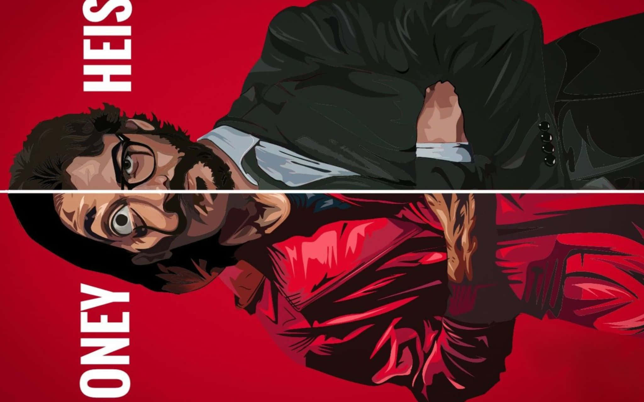 紙房子 桌布 壁紙 — 一個分屏動畫插圖，描繪一名身穿西裝和紅色外套的男子，背景為大膽的紅色，並帶有垂直分割的「HEIST」字樣。
