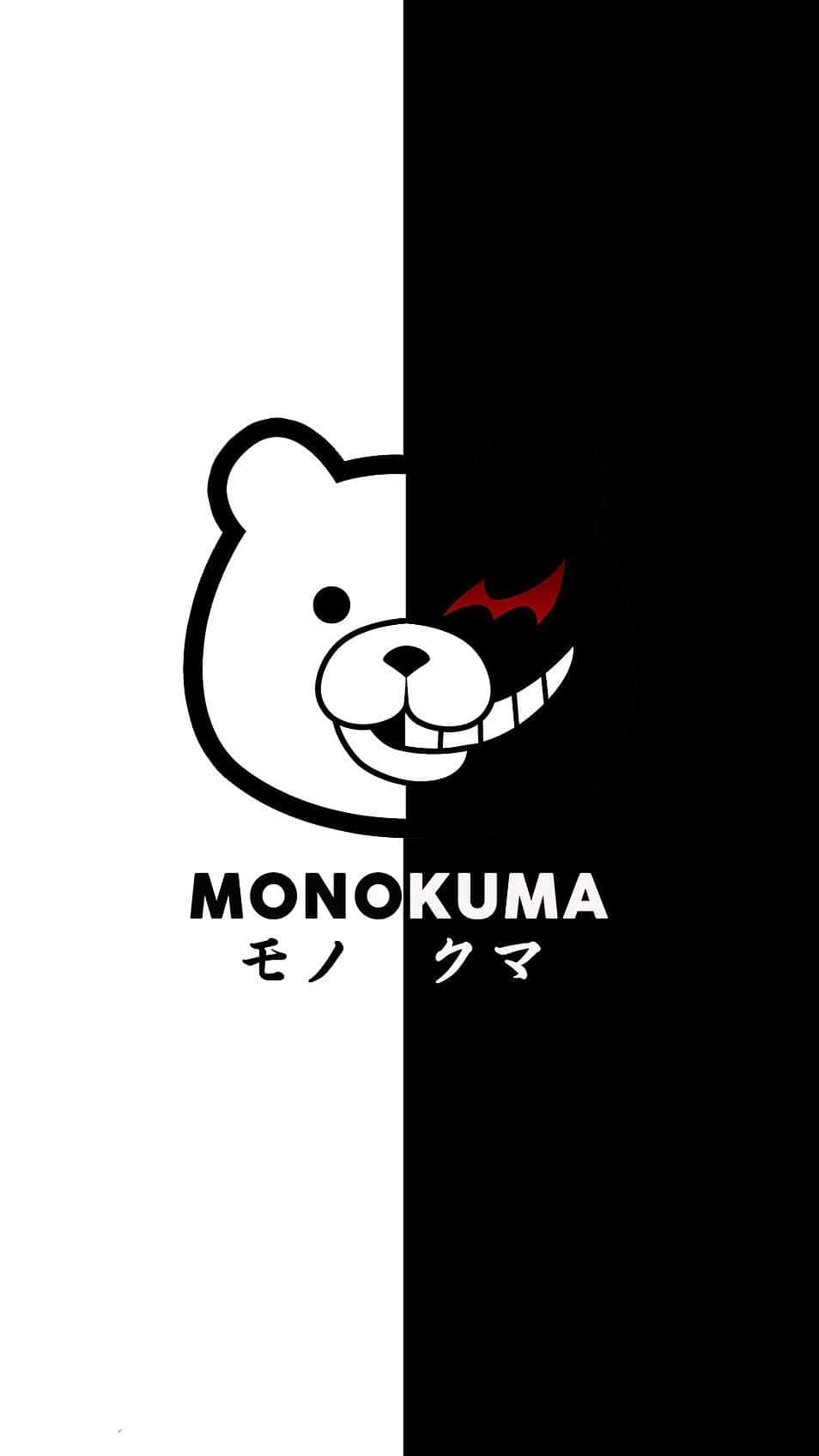 monokuma 桌布 壁紙 — 一個分屏插圖，熊的臉一半白色一半黑色，帶有紅色蝙蝠翅膀狀的眼睛和鋒利的牙齒。