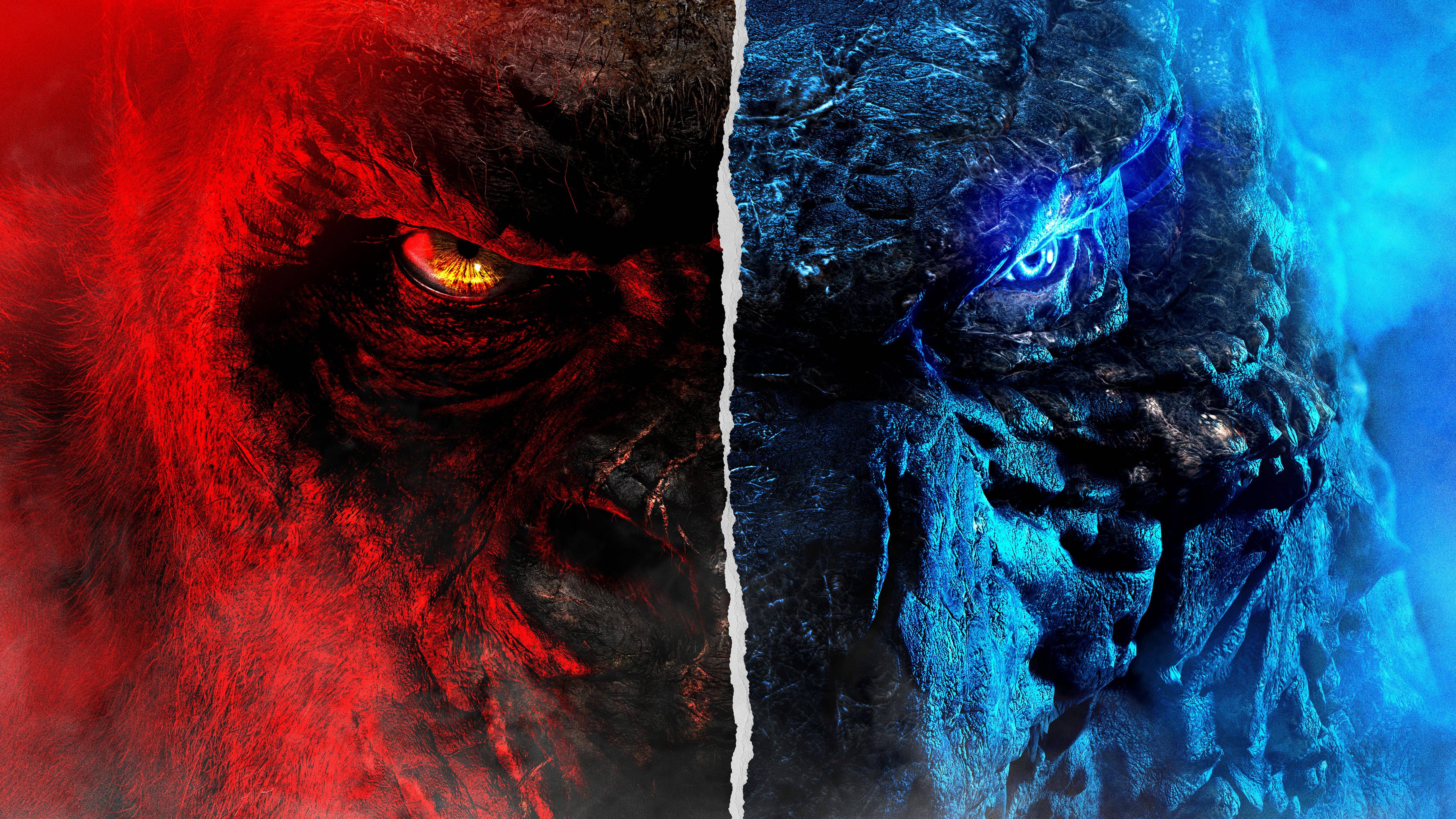 Godzilla Vs Kong 2021 桌布 壁紙 — 一個分屏數位藝術戰鬥，紅光金剛與藍光哥吉拉對決，雙眼發光。